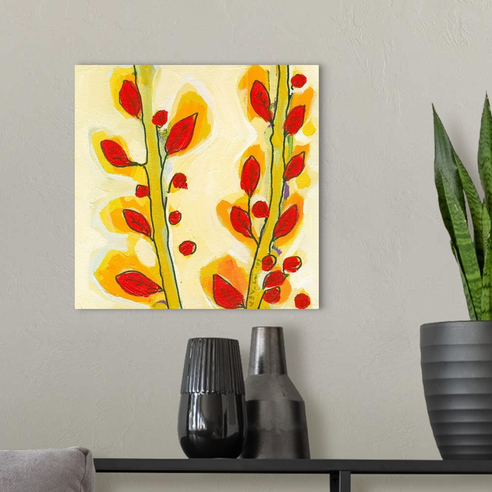 A modern room featuring Contemporary art piece of two plant stalks with small leaves sticking out of the sides.