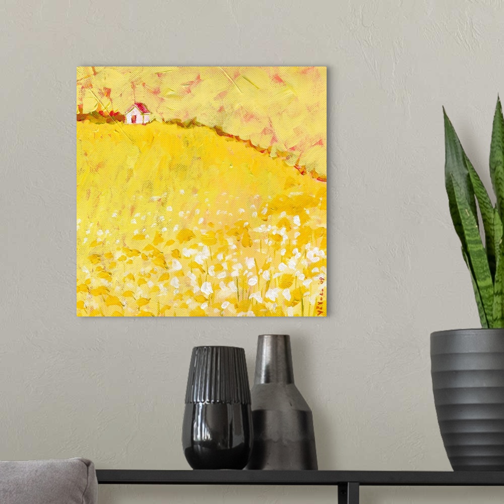 A modern room featuring Painting of a house on top of a huge hill in vibrant tones.