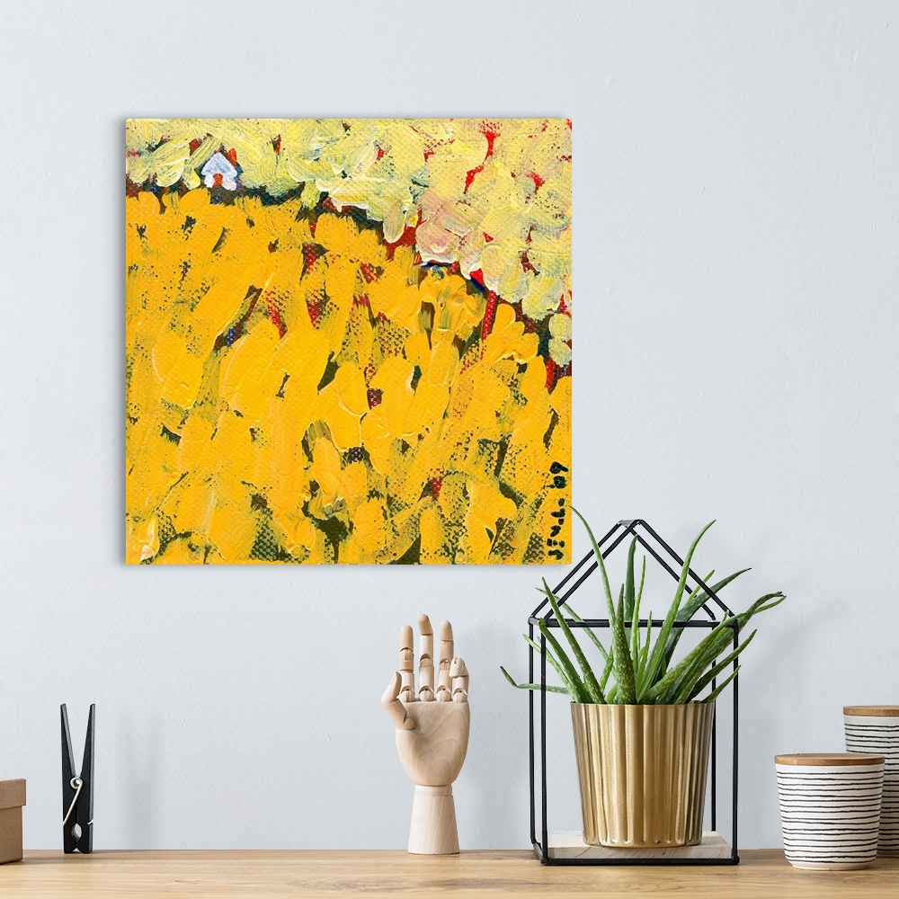 A bohemian room featuring Square abstract painting with big brushstrokes layered on top of one another with a small house i...