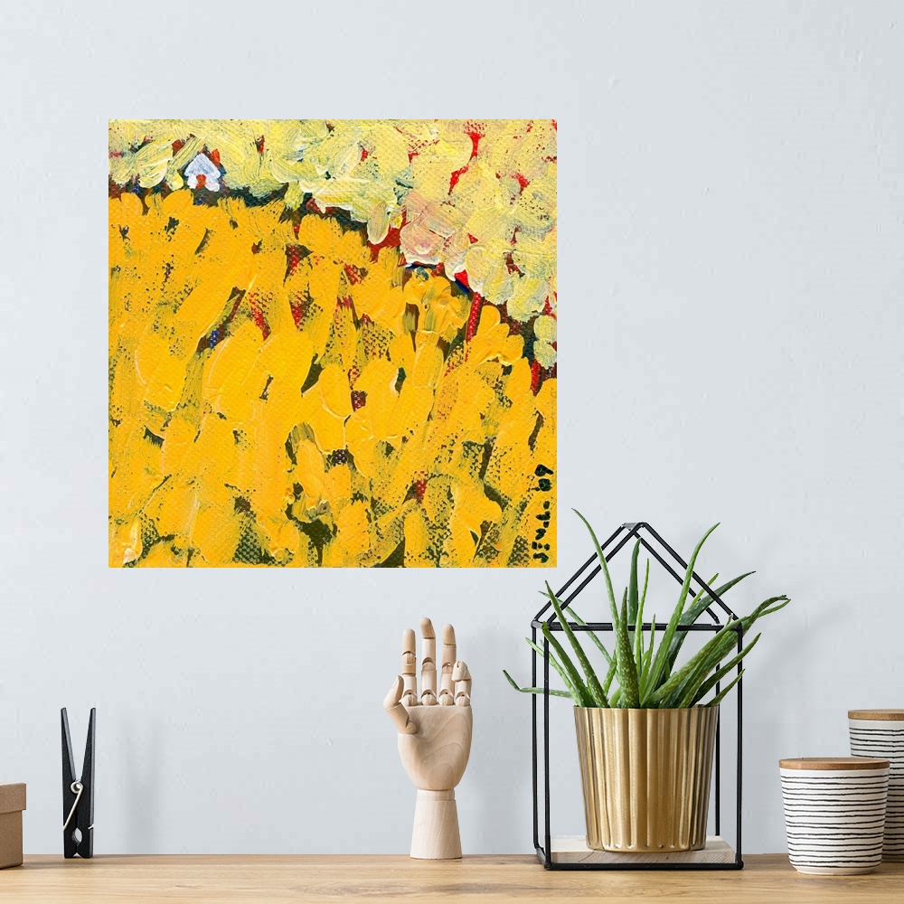 A bohemian room featuring Square abstract painting with big brushstrokes layered on top of one another with a small house i...
