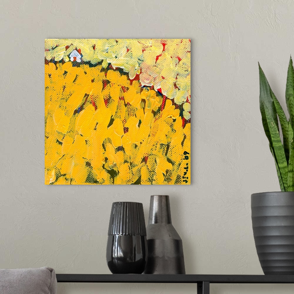 A modern room featuring Square abstract painting with big brushstrokes layered on top of one another with a small house i...