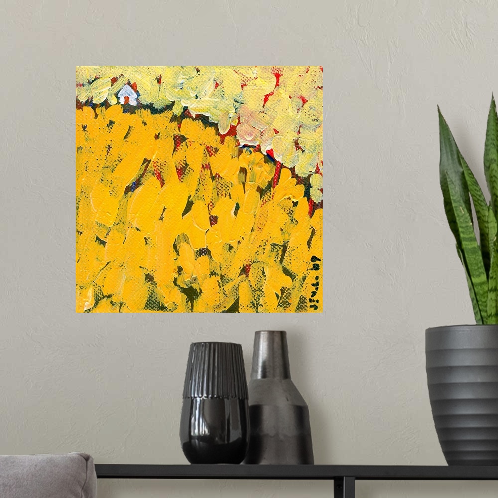 A modern room featuring Square abstract painting with big brushstrokes layered on top of one another with a small house i...