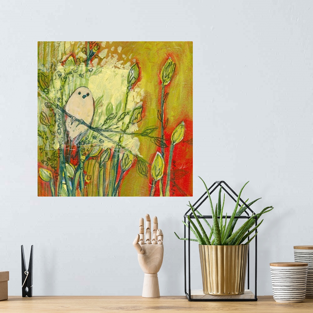 A bohemian room featuring Square painting of a bird sitting on a branch among flowers with long stems textured with brush s...