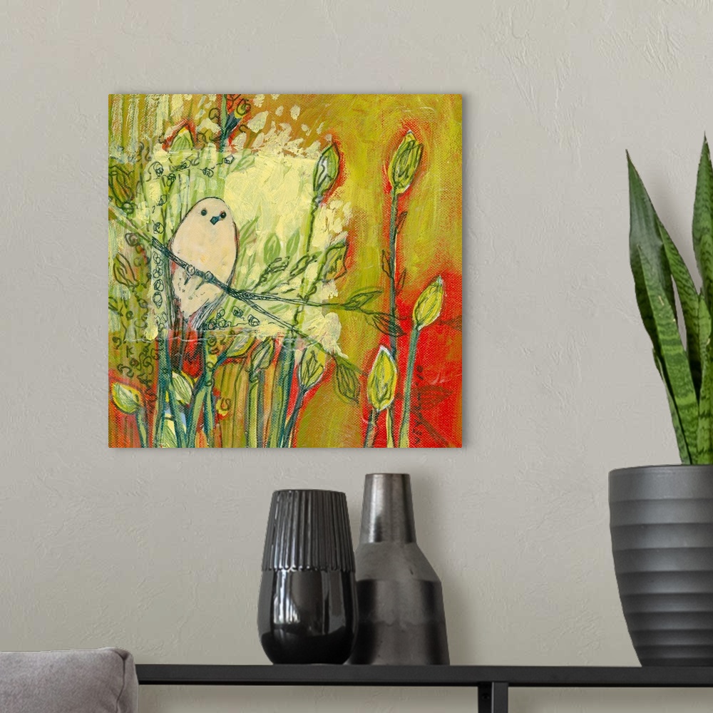 A modern room featuring Square painting of a bird sitting on a branch among flowers with long stems textured with brush s...