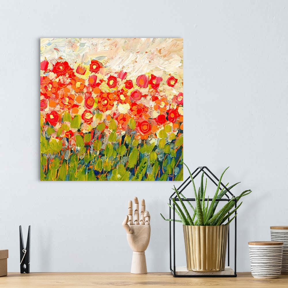 A bohemian room featuring Big square contemporary painting illustrating colorful flowers on a Spring day through use of var...