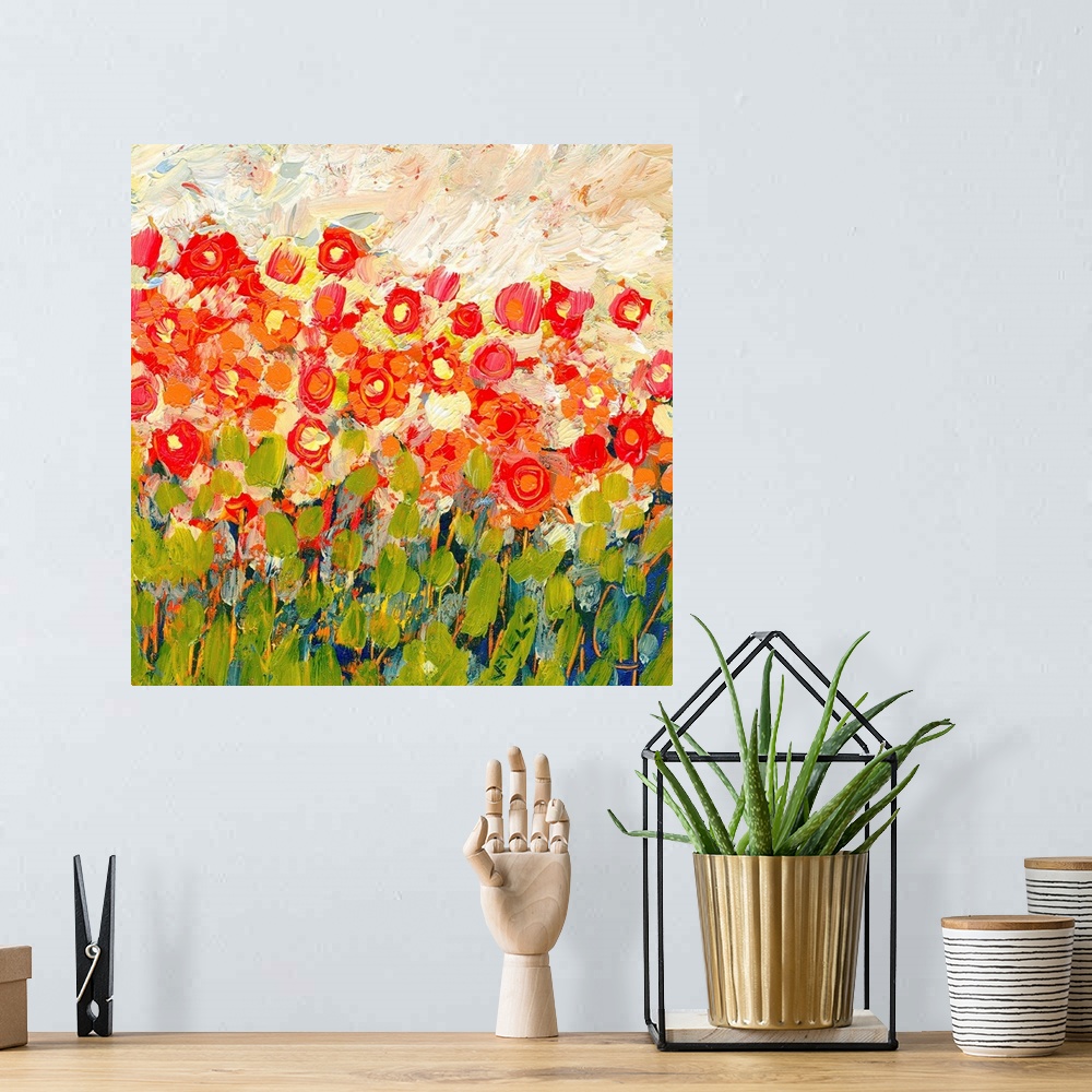 A bohemian room featuring Big square contemporary painting illustrating colorful flowers on a Spring day through use of var...