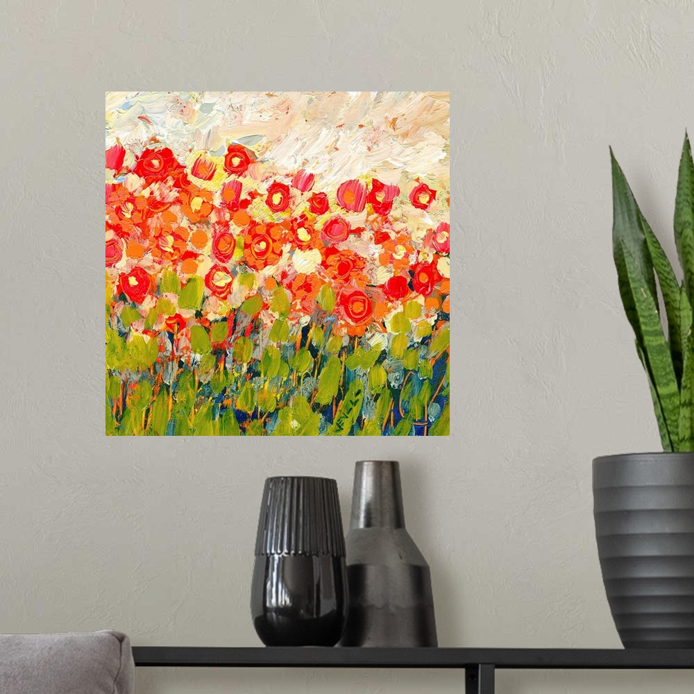A modern room featuring Big square contemporary painting illustrating colorful flowers on a Spring day through use of var...