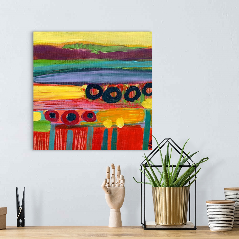 A bohemian room featuring Square wall art for a colorful office or home this abstract painting is inspired by a natural flo...
