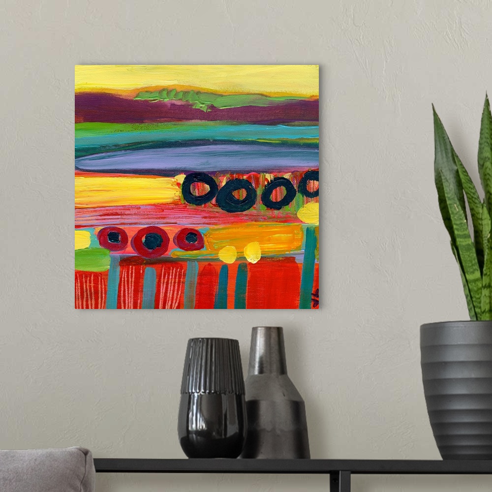 A modern room featuring Square wall art for a colorful office or home this abstract painting is inspired by a natural flo...