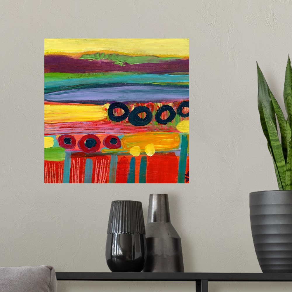 A modern room featuring Square wall art for a colorful office or home this abstract painting is inspired by a natural flo...