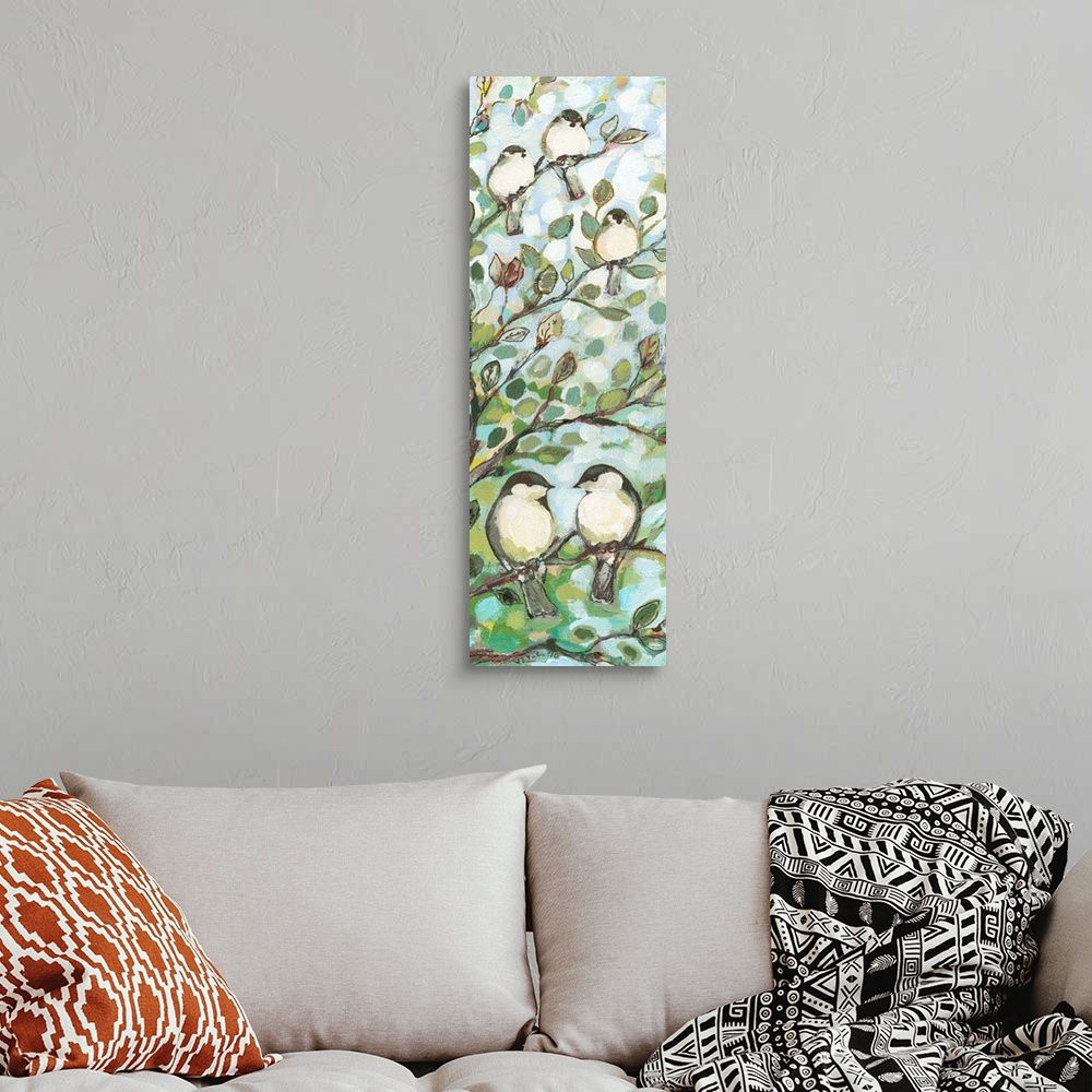 A bohemian room featuring Panoramic floral art shows a group of five birds sitting on the branches of a tree.  Artist uses ...