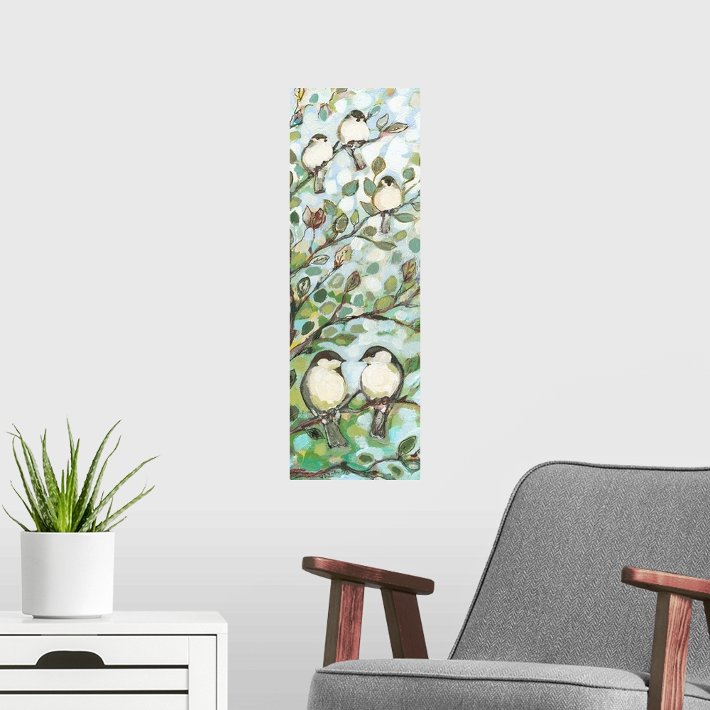 A modern room featuring Panoramic floral art shows a group of five birds sitting on the branches of a tree.  Artist uses ...