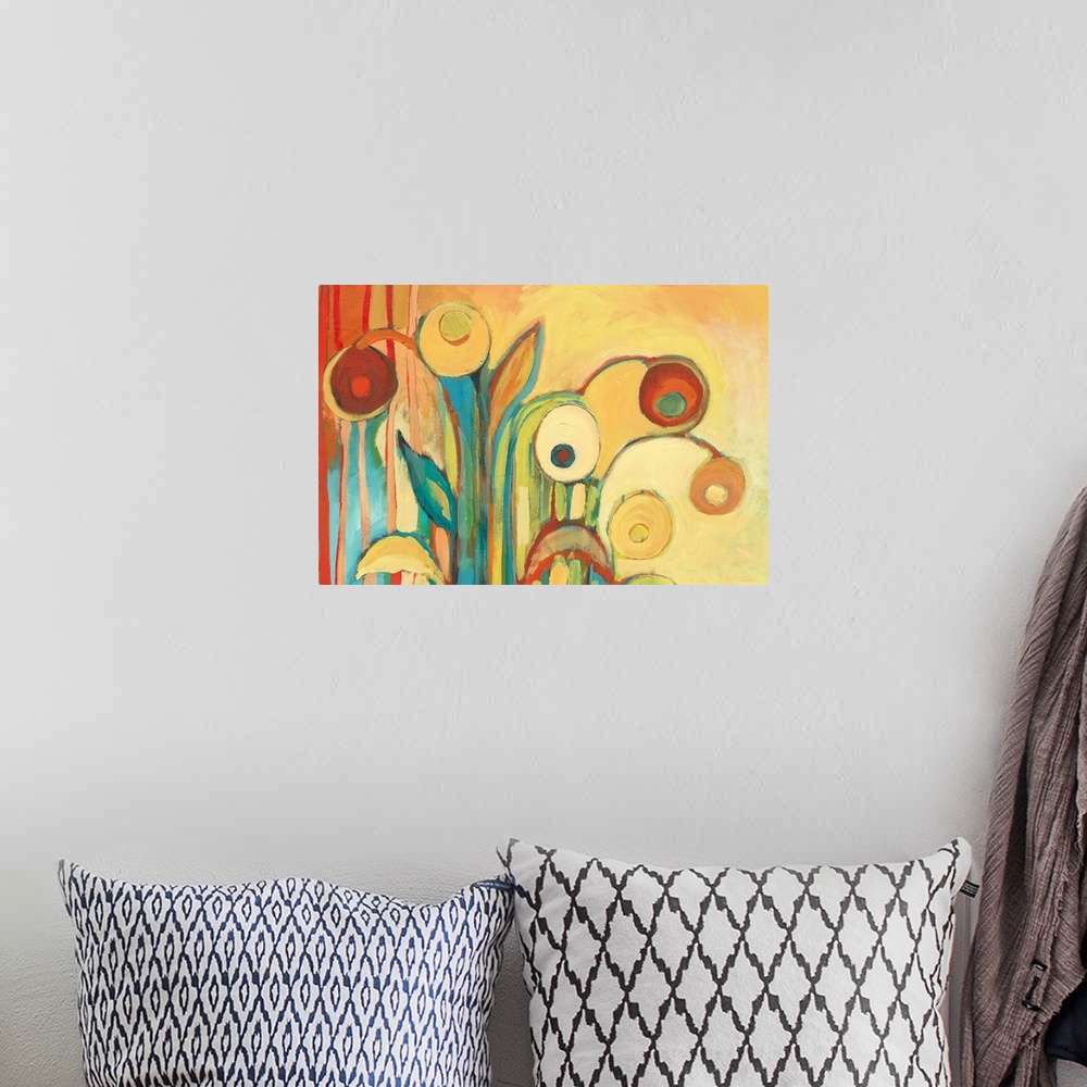 A bohemian room featuring Abstract painting of circular flowers that are a part of a garden.