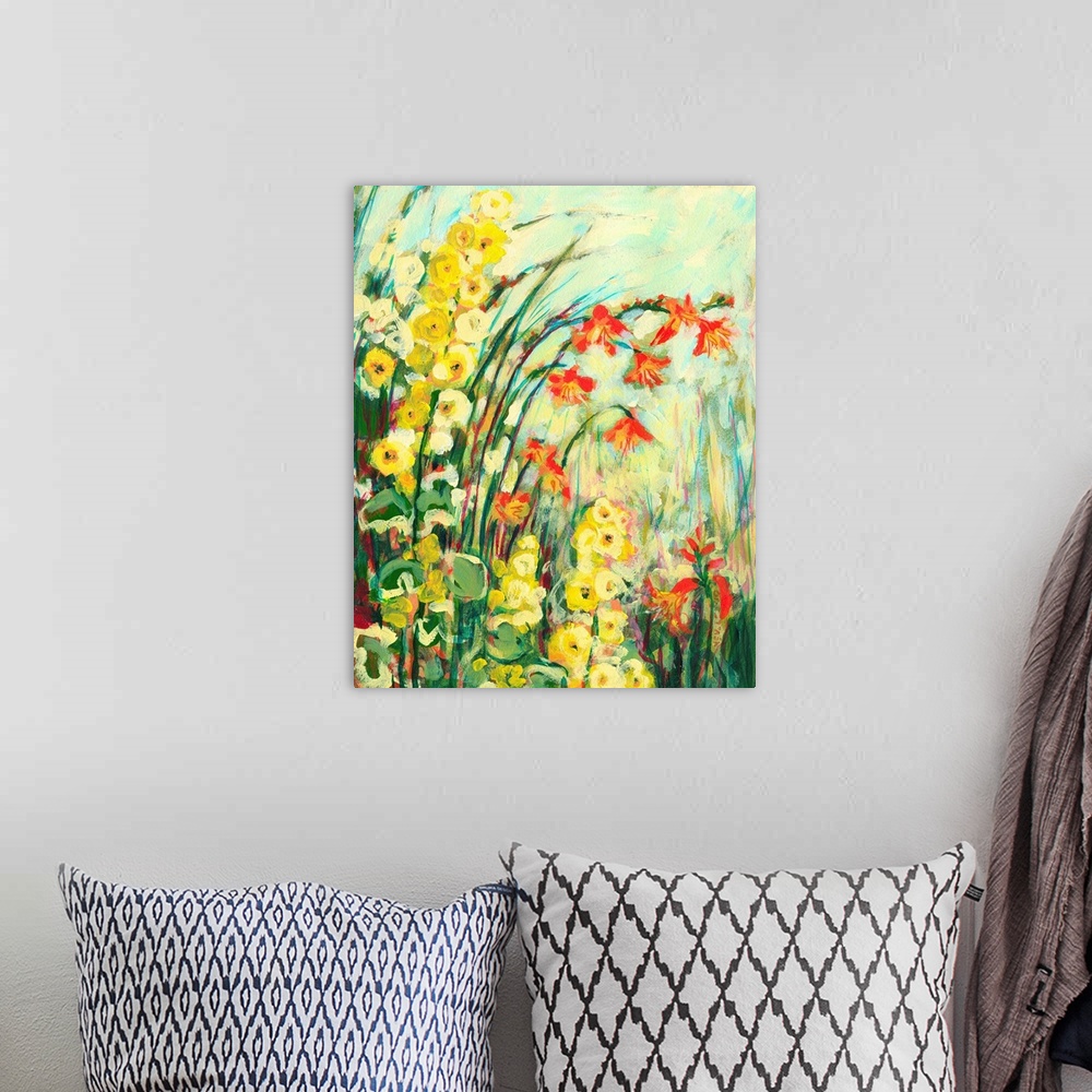 A bohemian room featuring A decorative accent for the home or office this artwork shows flowers and grass arching over the ...