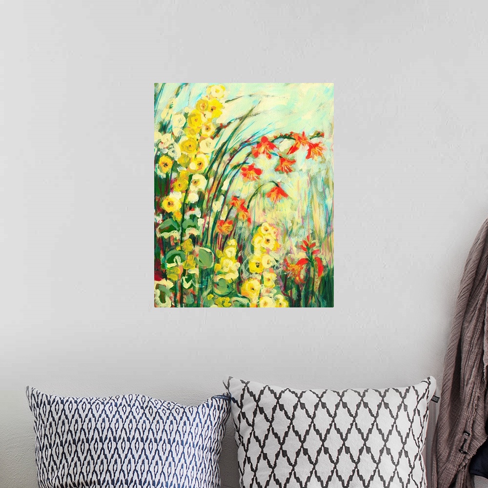 A bohemian room featuring A decorative accent for the home or office this artwork shows flowers and grass arching over the ...