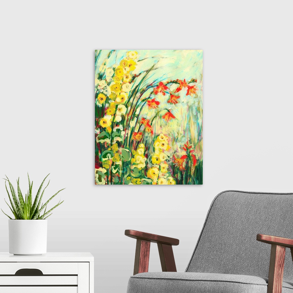 A modern room featuring A decorative accent for the home or office this artwork shows flowers and grass arching over the ...
