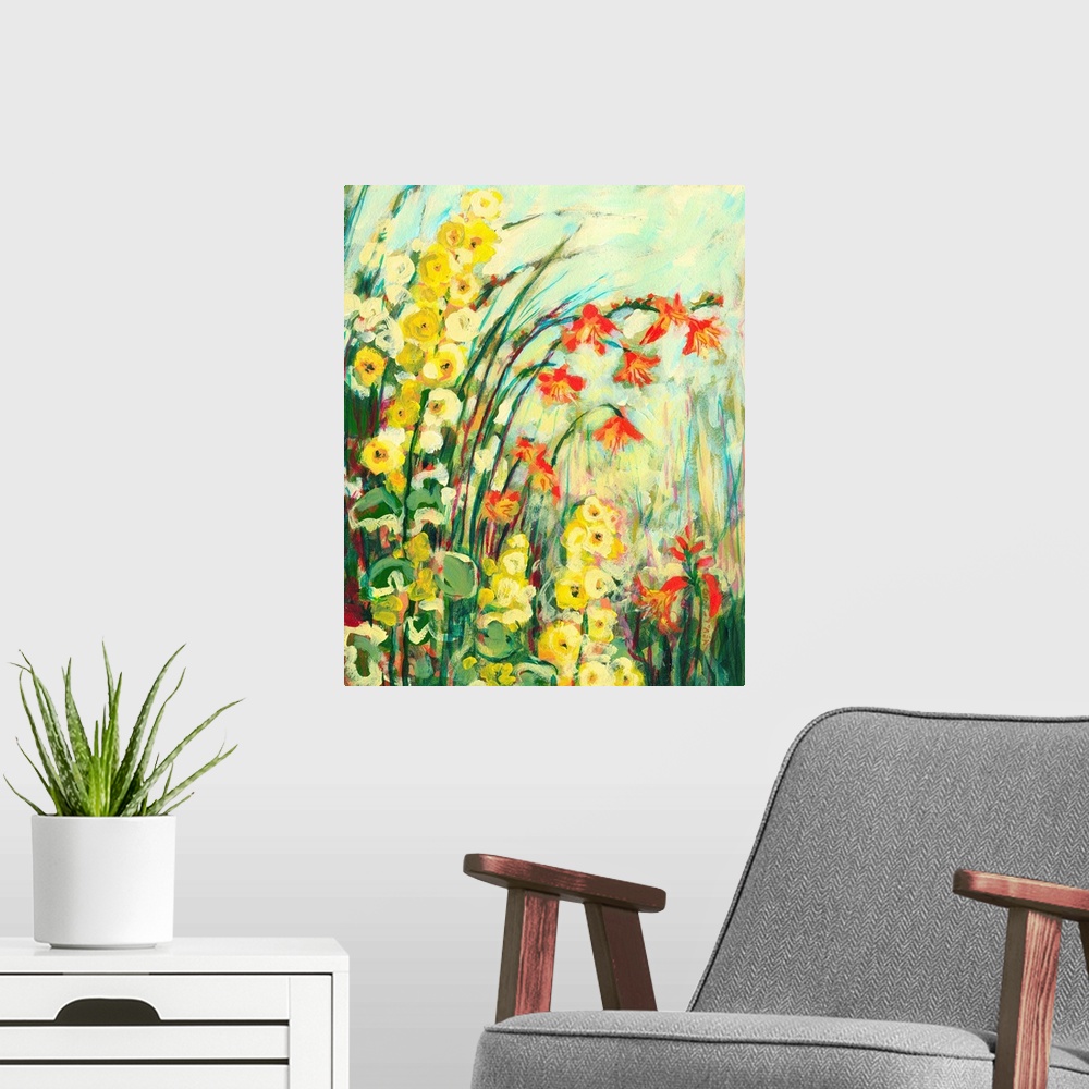 A modern room featuring A decorative accent for the home or office this artwork shows flowers and grass arching over the ...