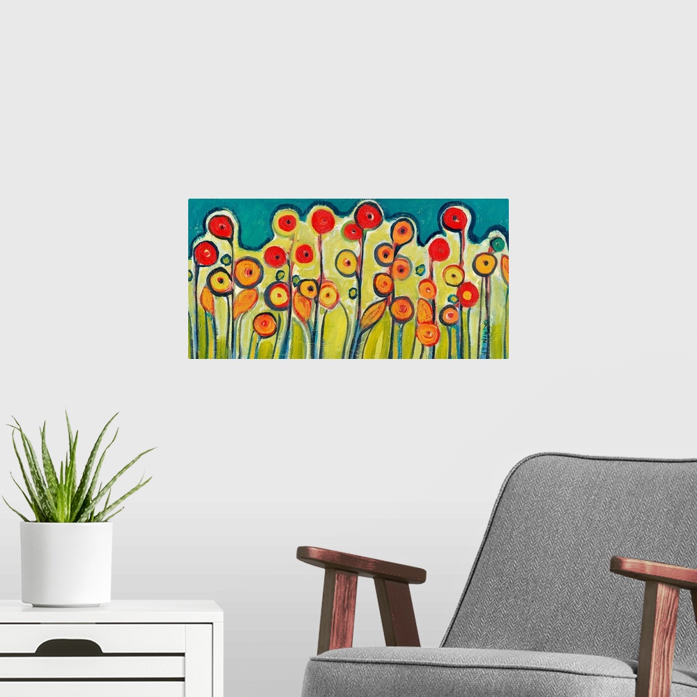 A modern room featuring Abstract painting of circular flowers growing out of the ground.
