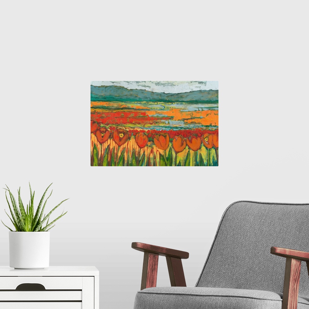 A modern room featuring A horizontal landscape painting with chunky brushstrokes of an abstract tulip field surrounded by...