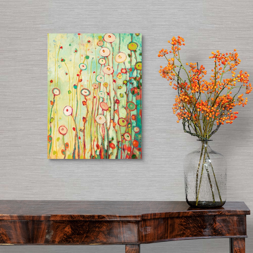 A traditional room featuring Bright contemporary painting of tall flowers made from circles.