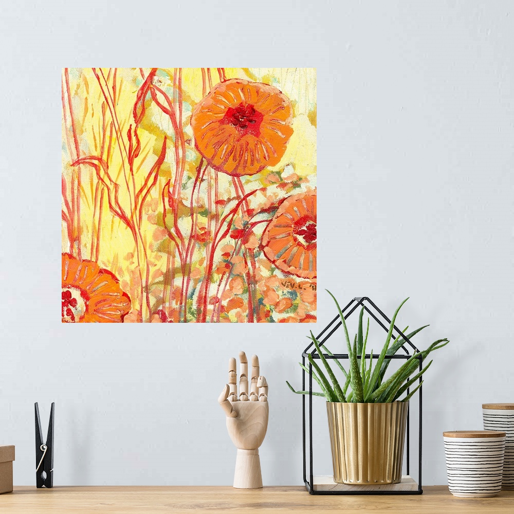 A bohemian room featuring Contemporary painting of three round flowers growing in the tall grass, done in warm, summery col...