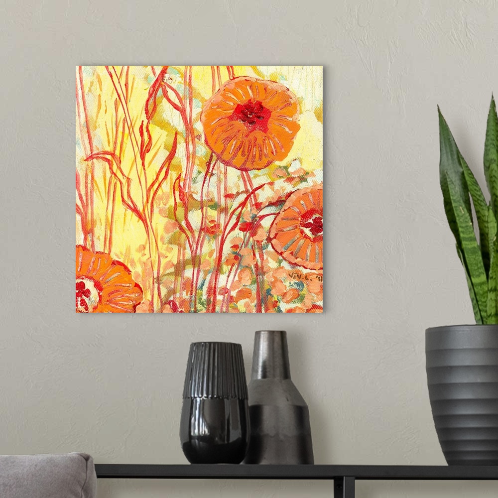 A modern room featuring Contemporary painting of three round flowers growing in the tall grass, done in warm, summery col...