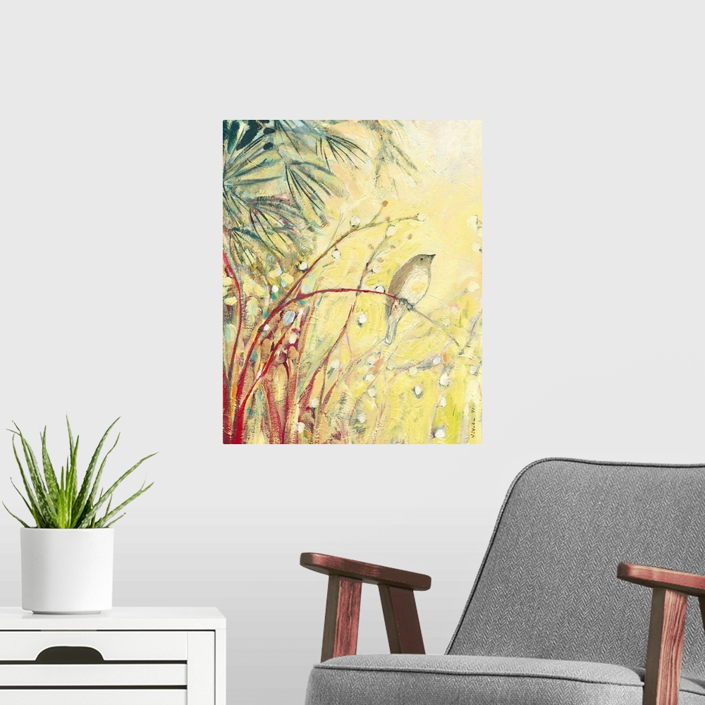 A modern room featuring Large painted artwork of a small bird standing on a branch that is bending over and other plants ...