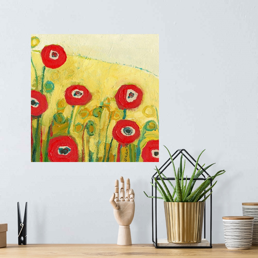A bohemian room featuring This is contemporary, abstract artwork on a square canvas of blossoms growing on a hillside on a ...