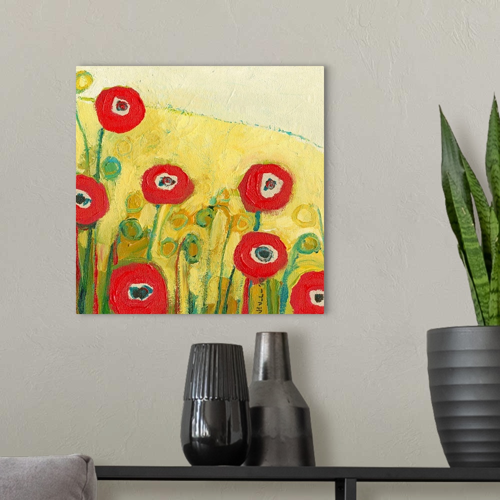 A modern room featuring This is contemporary, abstract artwork on a square canvas of blossoms growing on a hillside on a ...