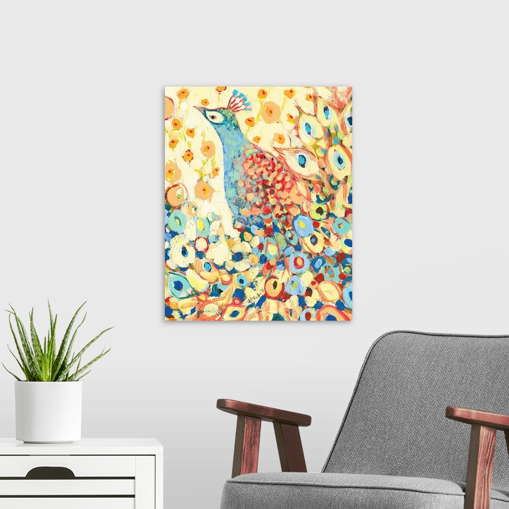 A modern room featuring This stylized painting of a decorative bird is a wonderful decorative accent for a living room or...
