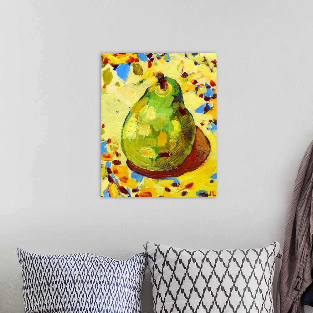 A bohemian room featuring Large painting on canvas of a pear on fabric with long brush stroke textures on top.