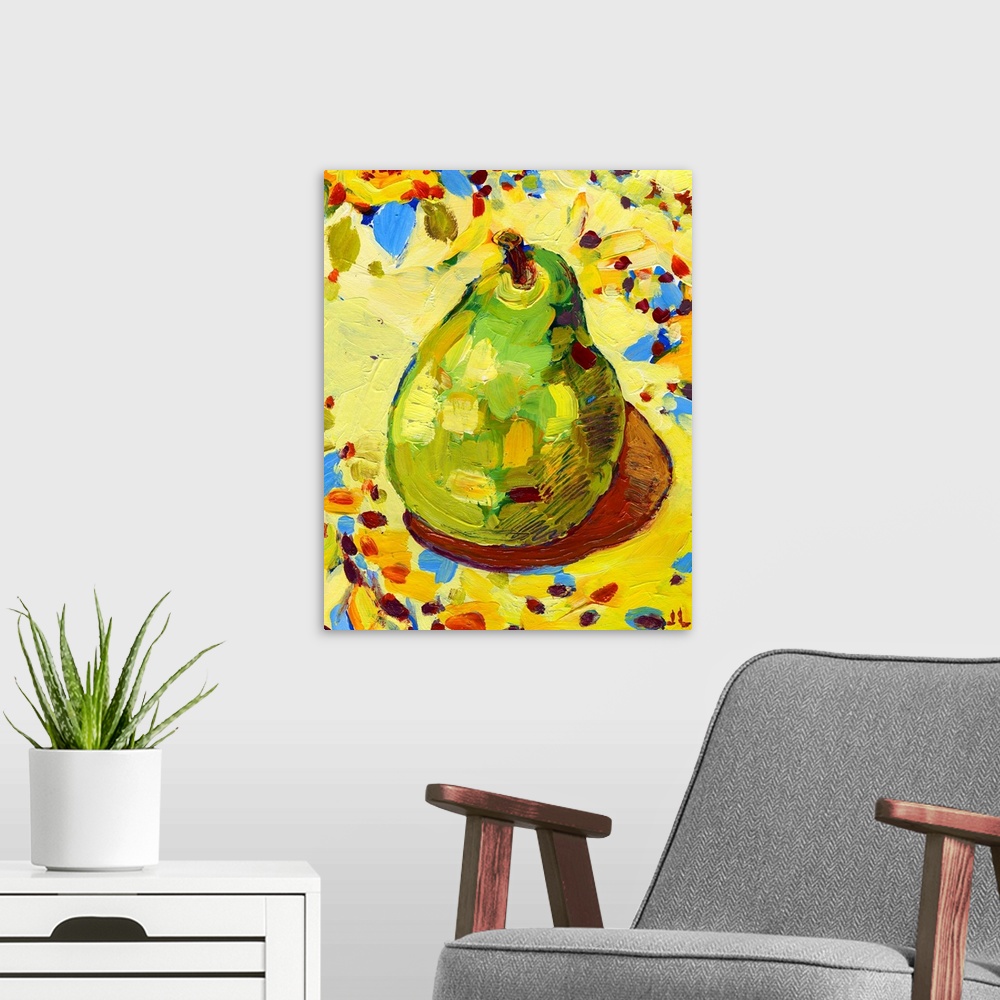 A modern room featuring Large painting on canvas of a pear on fabric with long brush stroke textures on top.