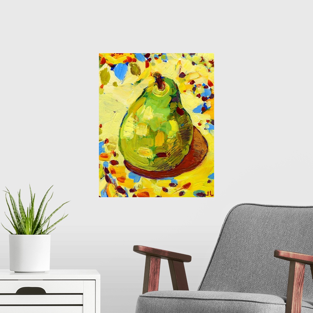 A modern room featuring Large painting on canvas of a pear on fabric with long brush stroke textures on top.