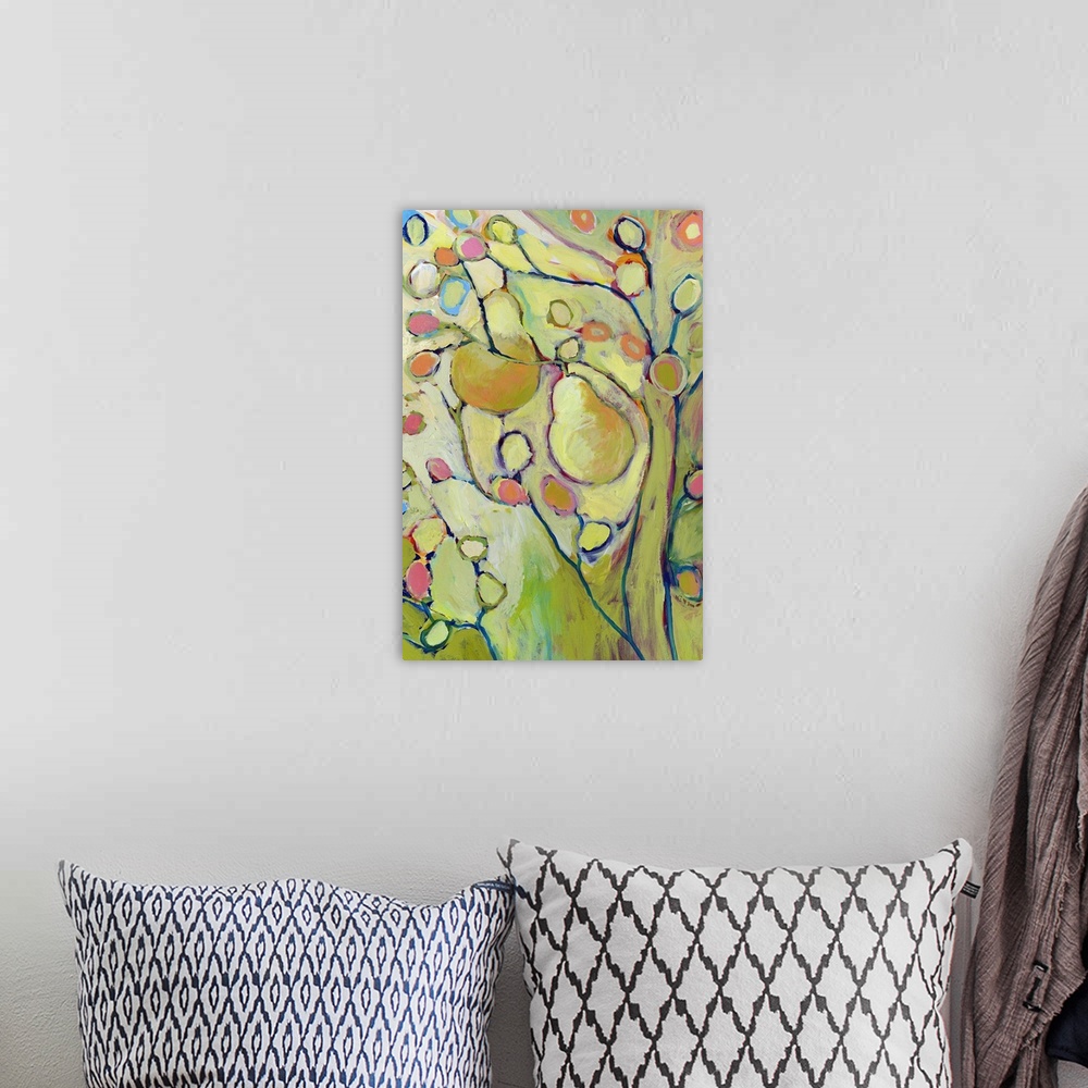 A bohemian room featuring A piece of contemporary artwork of a pear tree with two pears hanging from the branches and color...