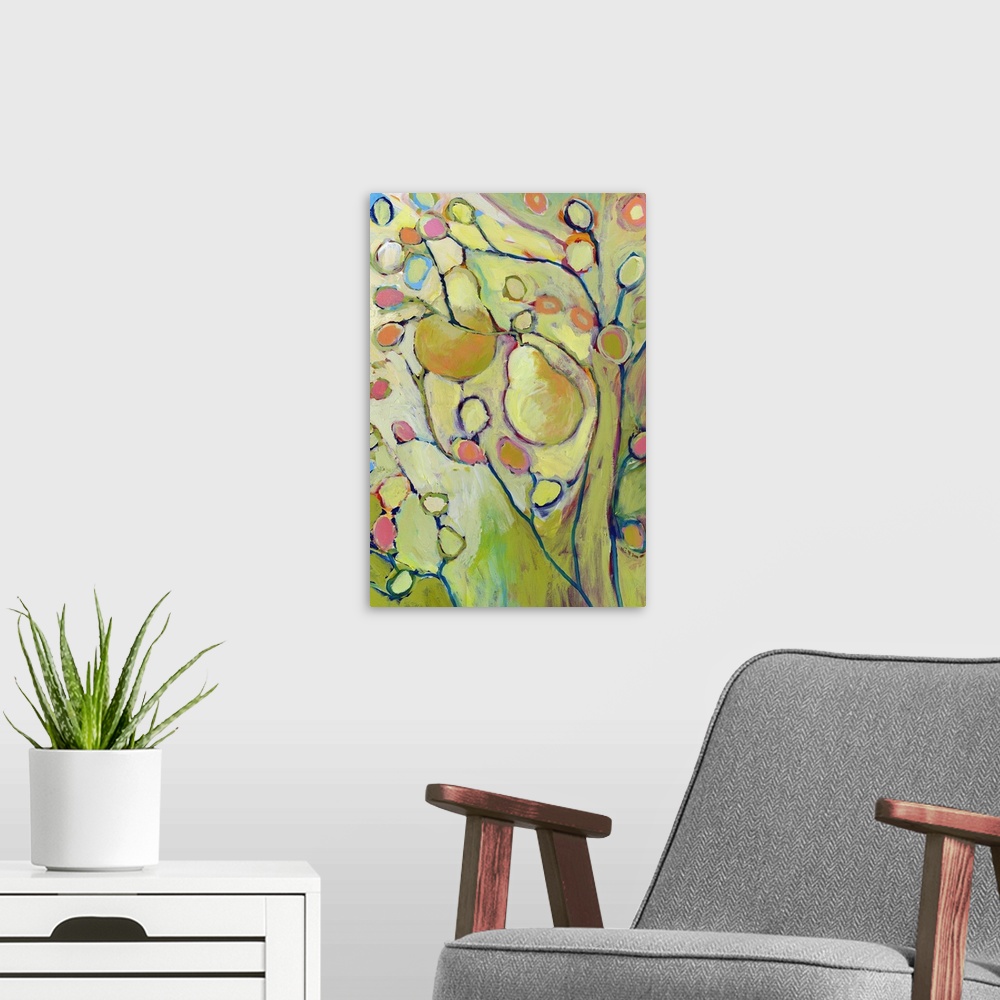 A modern room featuring A piece of contemporary artwork of a pear tree with two pears hanging from the branches and color...