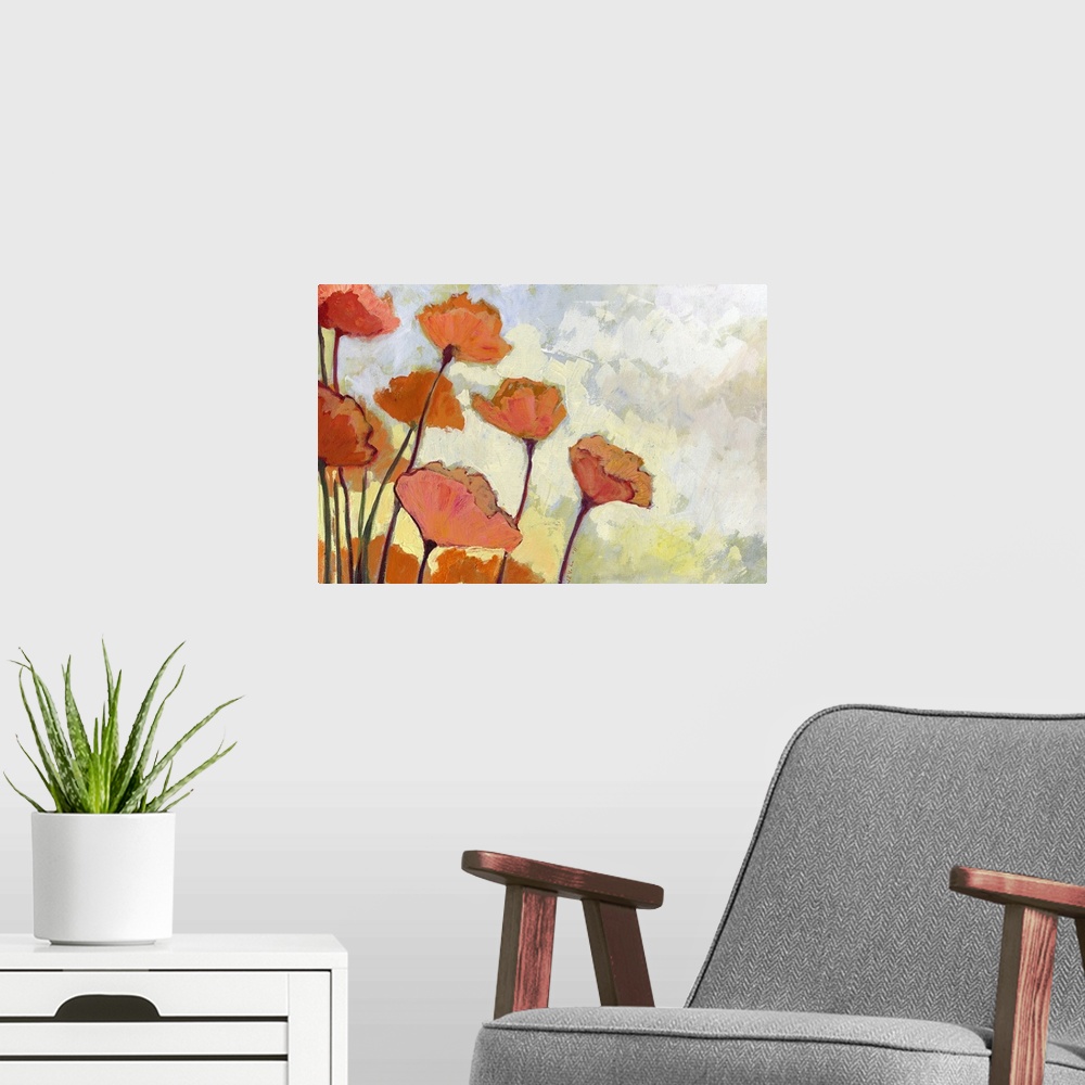 A modern room featuring Orange and peach colored flowers are painted against a soft yellowish background.