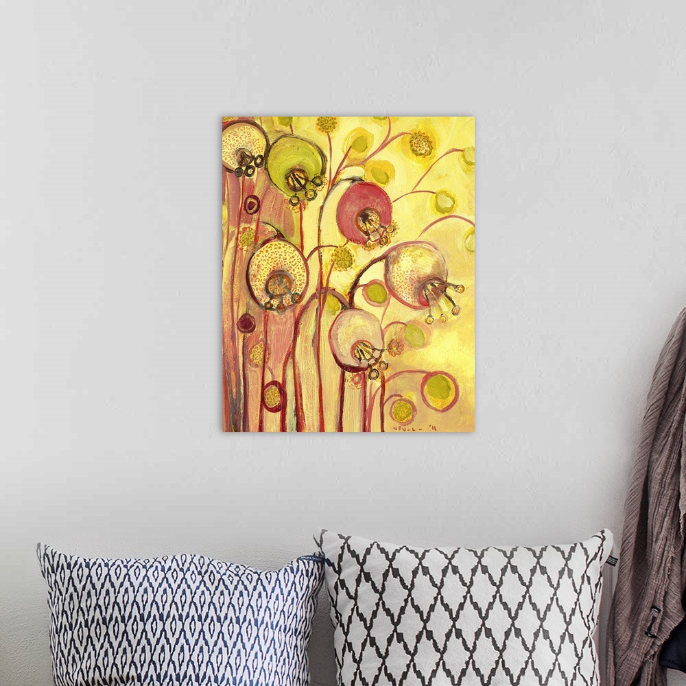 A bohemian room featuring Contemporary, abstract, and whimsical painting of flowers and buds.