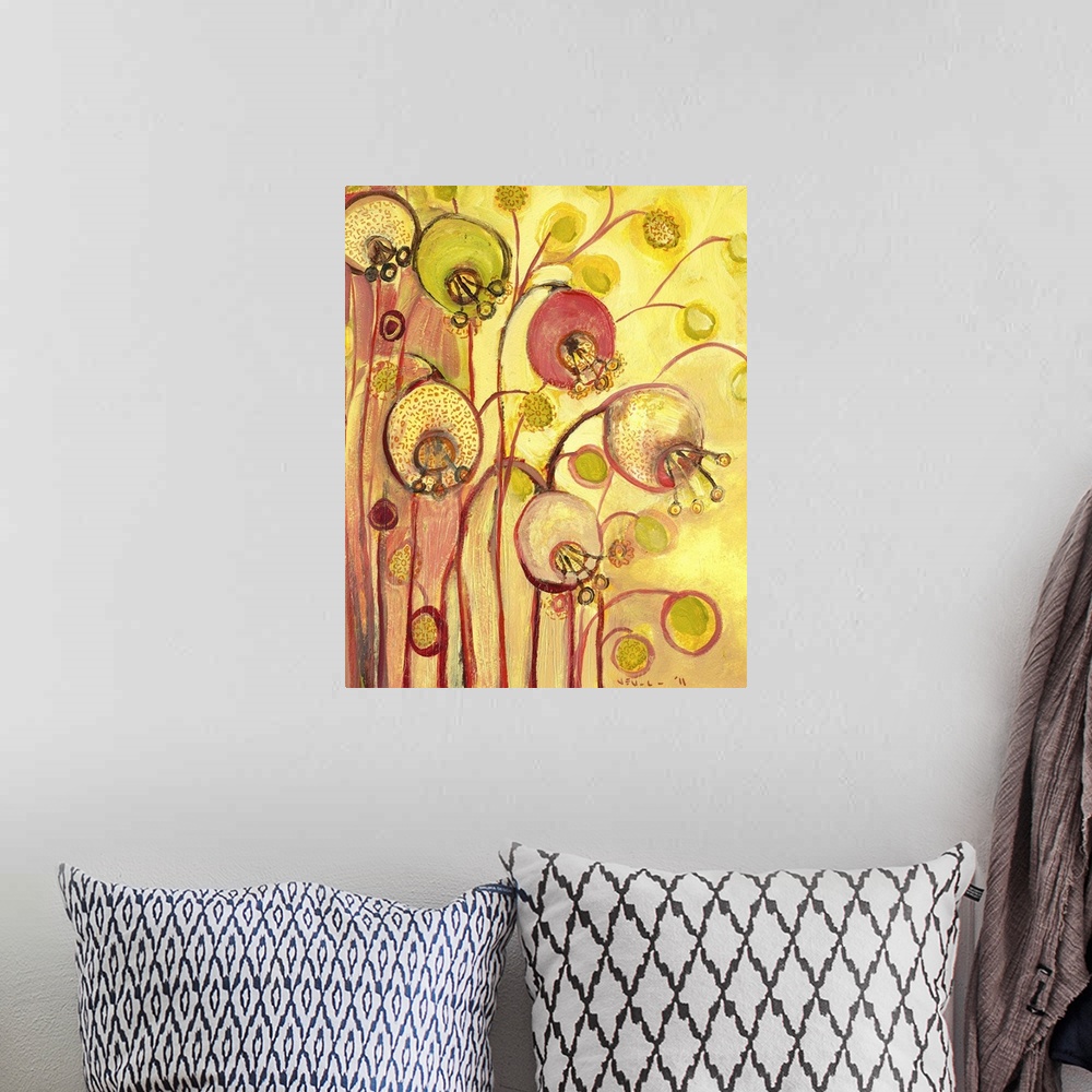 A bohemian room featuring Contemporary, abstract, and whimsical painting of flowers and buds.