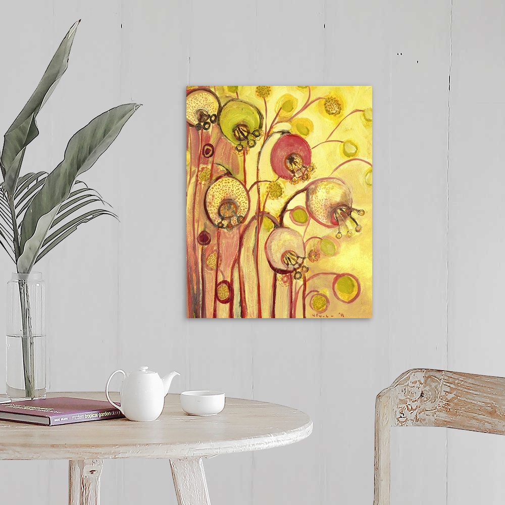 A farmhouse room featuring Contemporary, abstract, and whimsical painting of flowers and buds.