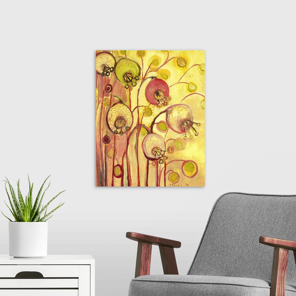 A modern room featuring Contemporary, abstract, and whimsical painting of flowers and buds.