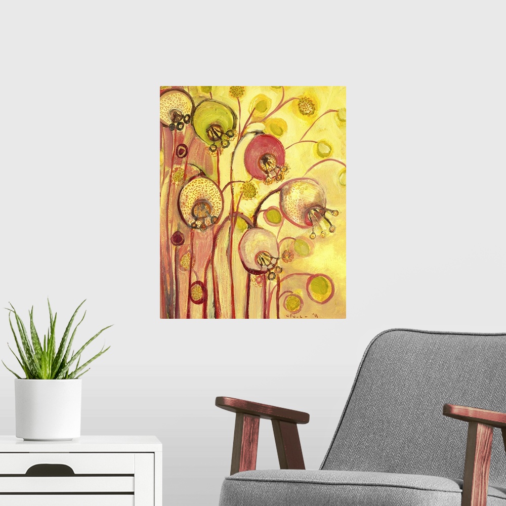 A modern room featuring Contemporary, abstract, and whimsical painting of flowers and buds.