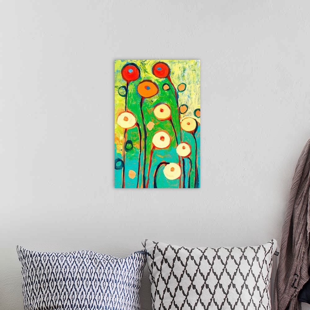 A bohemian room featuring This vividly colored contemporary painting shows floral pods against a chalky paint texture in ab...