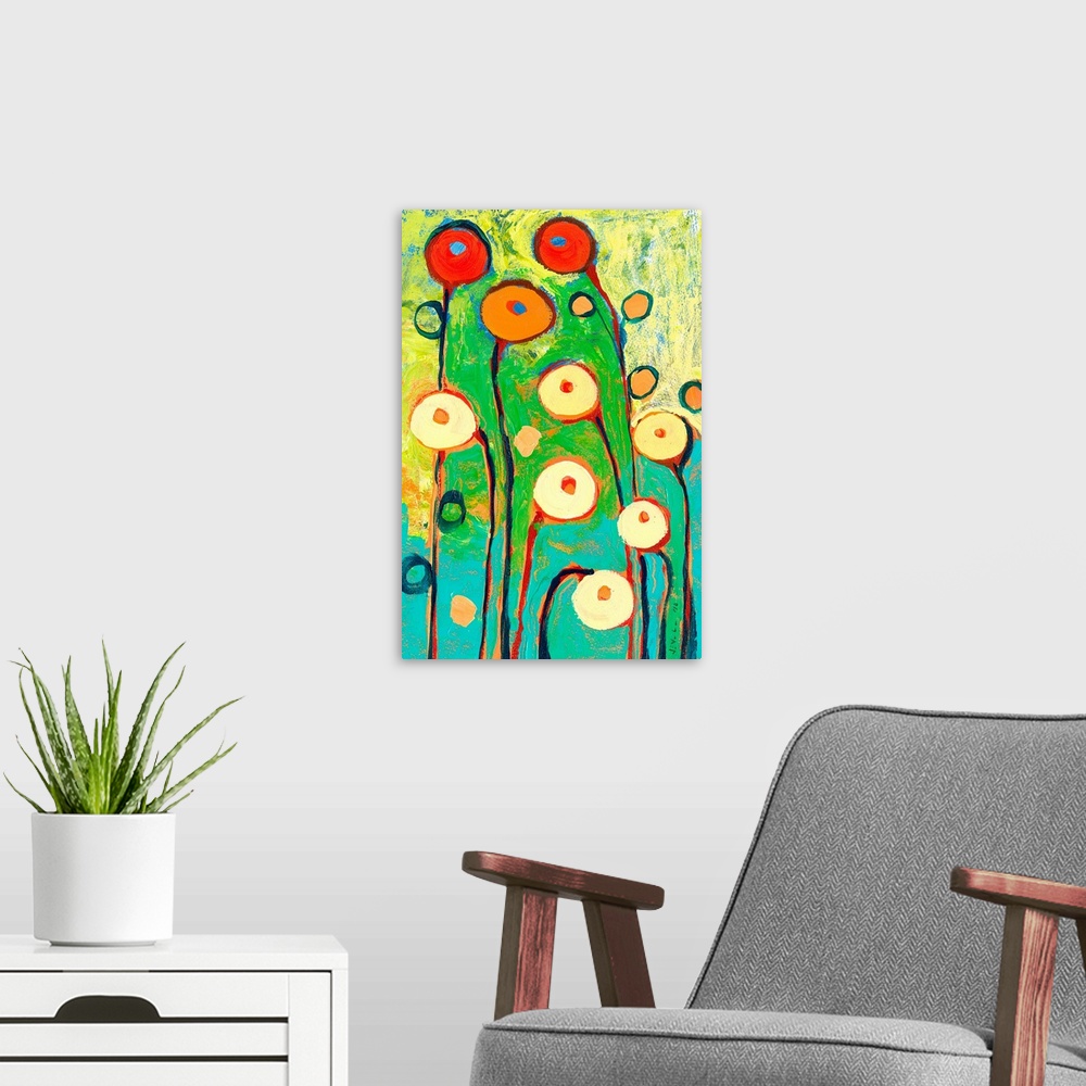 A modern room featuring This vividly colored contemporary painting shows floral pods against a chalky paint texture in ab...