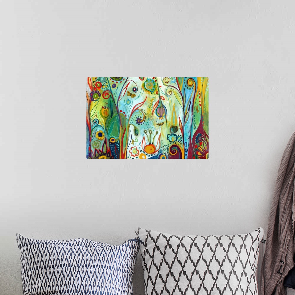 A bohemian room featuring Brightly colored abstract painting of whimsical flowers and butterflies with areas of patterned d...