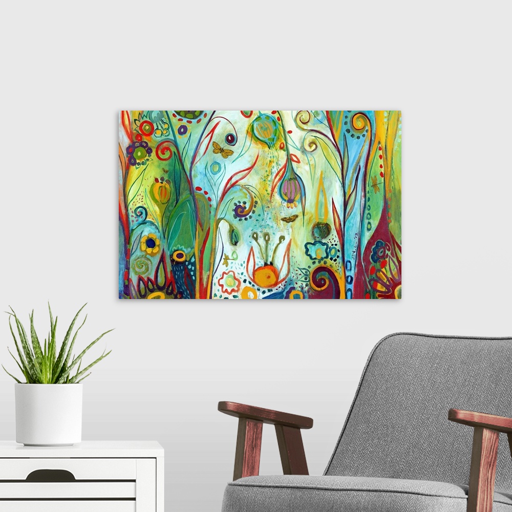 A modern room featuring Brightly colored abstract painting of whimsical flowers and butterflies with areas of patterned d...