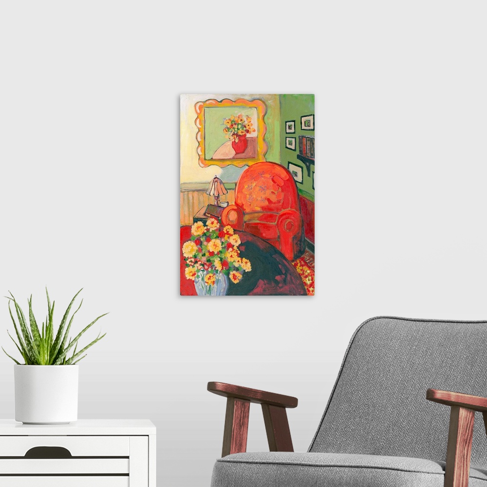 A modern room featuring A contemporary painting of a large red arm chair that sits next to a small table with a lamp and ...