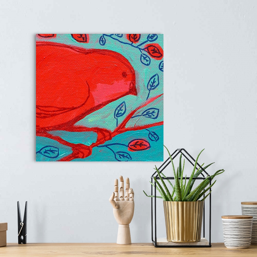 A bohemian room featuring Oversized square painting of a large red bird perched on a branch, surrounded by illustrated, sma...