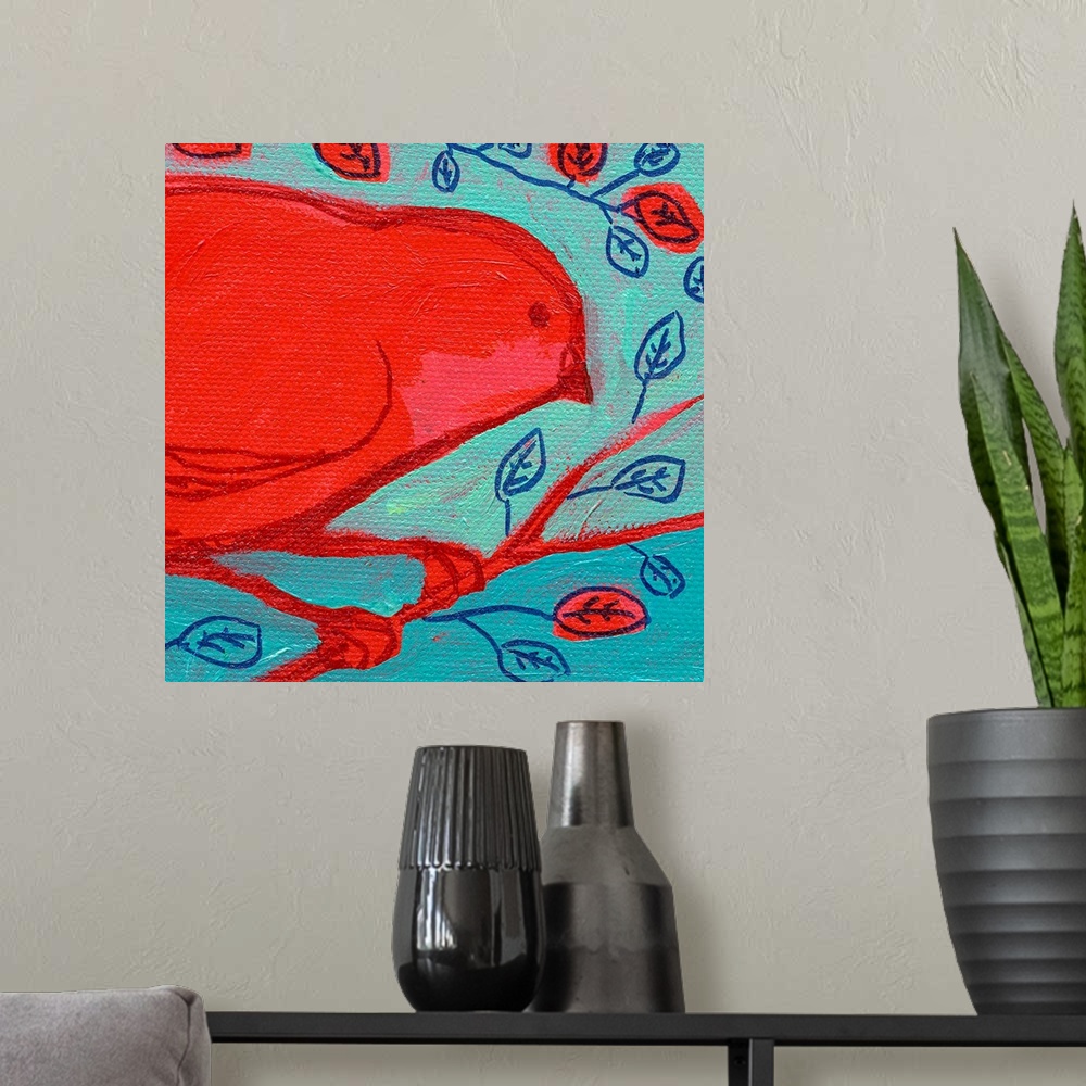 A modern room featuring Oversized square painting of a large red bird perched on a branch, surrounded by illustrated, sma...