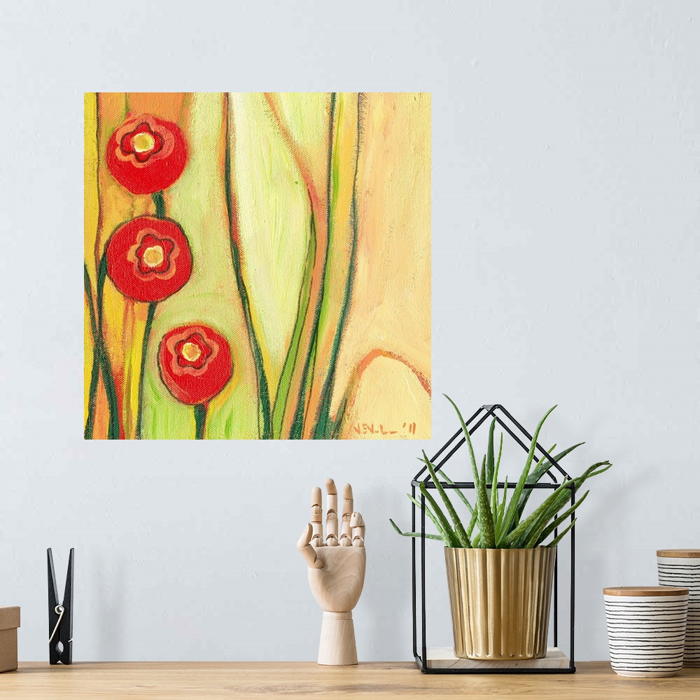 A bohemian room featuring Contemporary painting of three poppy flowers and stems on a textured background.