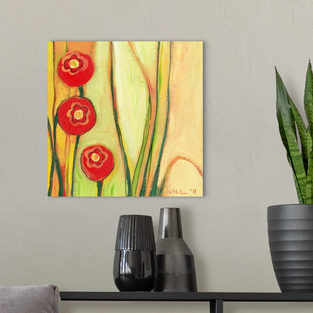 A modern room featuring Contemporary painting of three poppy flowers and stems on a textured background.
